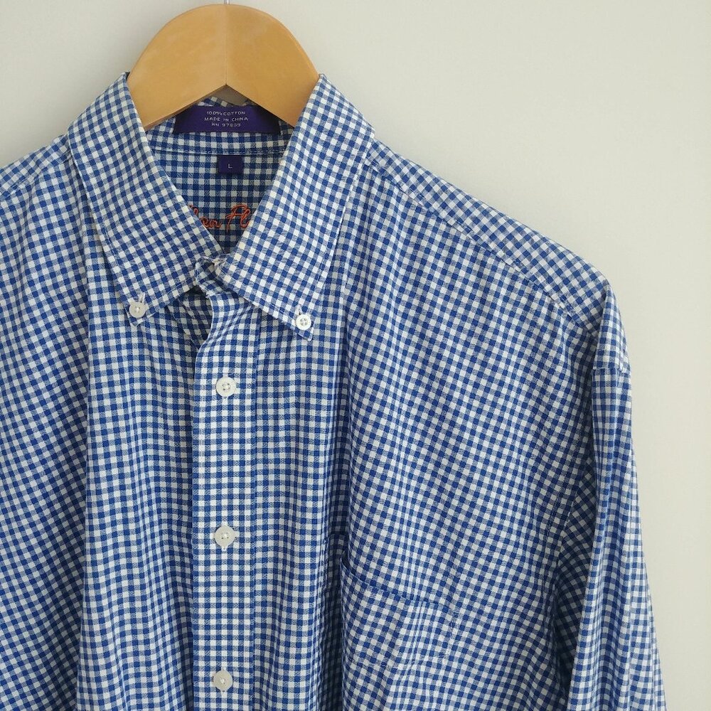 Alan Flusser Mens Large 100% cotton blue white checked button down shirt